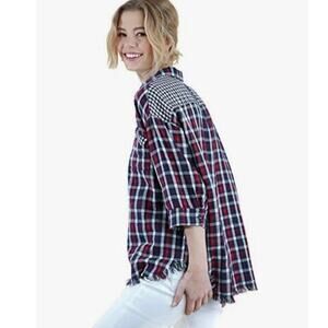 Umgee Women's Plaid Gingham Light Weight Cotton Button Up Tunic Top Plus Size 1X